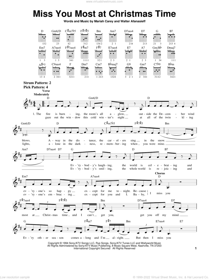 Miss You Most At Christmas Time sheet music for guitar solo (chords) by Mariah Carey and Walter Afanasieff, easy guitar (chords)