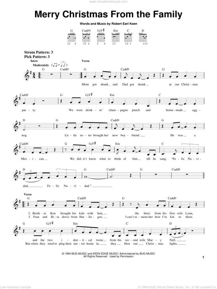 Merry Christmas From The Family sheet music for guitar solo (chords) by Robert Earl Keen, easy guitar (chords)