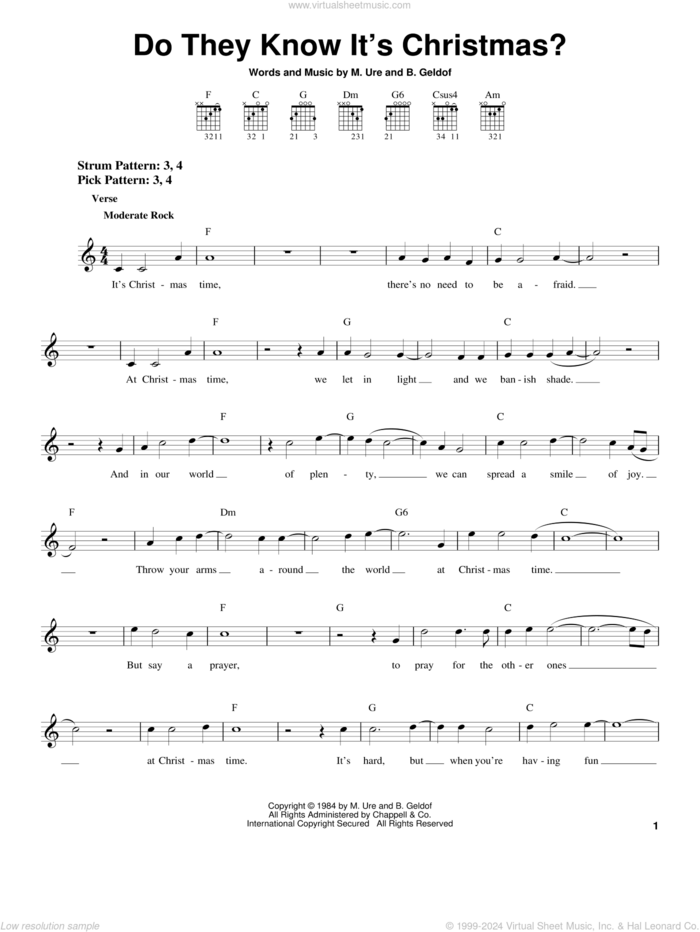 Do They Know It's Christmas? sheet music for guitar solo (chords) by Band Aid, B. Geldof and Midge Ure, easy guitar (chords)