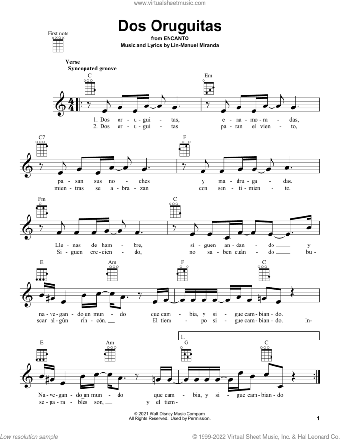 Dos Oruguitas (from Encanto) sheet music for ukulele by Lin-Manuel Miranda and Sebastian Yatra, intermediate skill level
