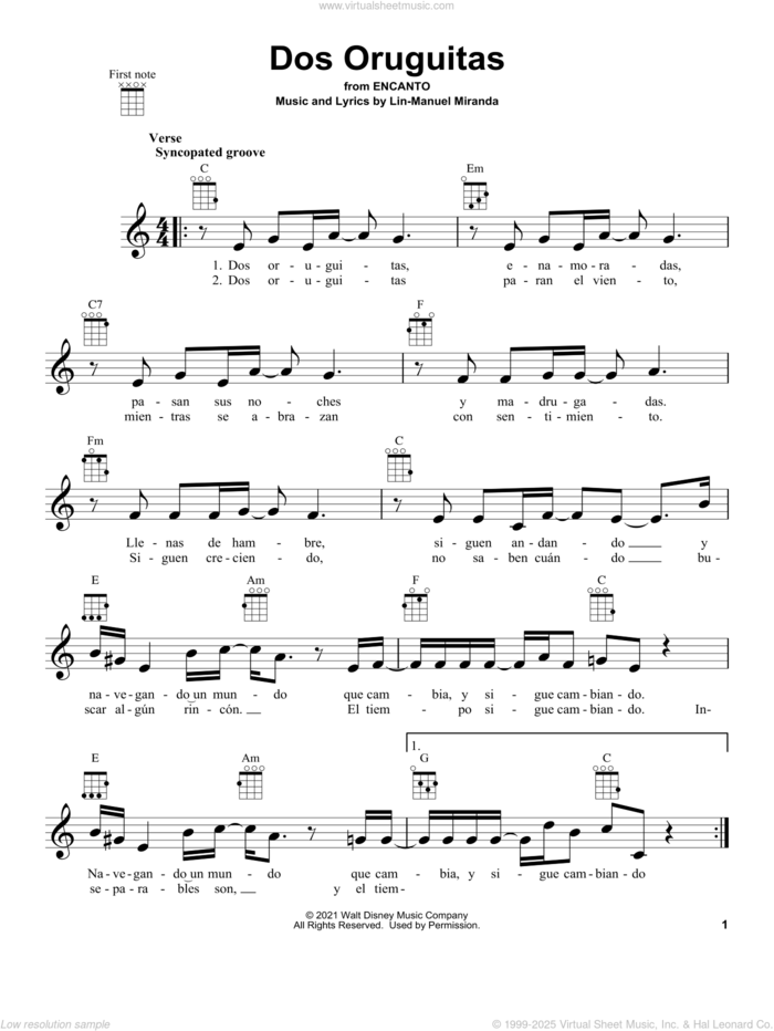 Dos Oruguitas (from Encanto) sheet music for ukulele by Lin-Manuel Miranda and Sebastian Yatra, intermediate skill level