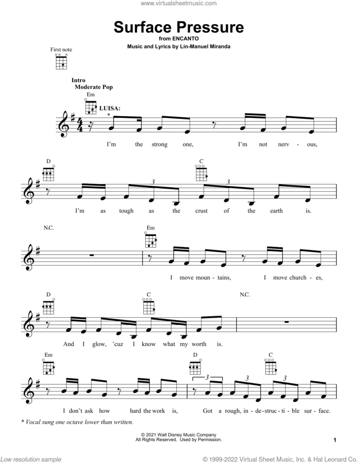 Surface Pressure (from Encanto) sheet music for ukulele by Lin-Manuel Miranda and Jessica Darrow, intermediate skill level