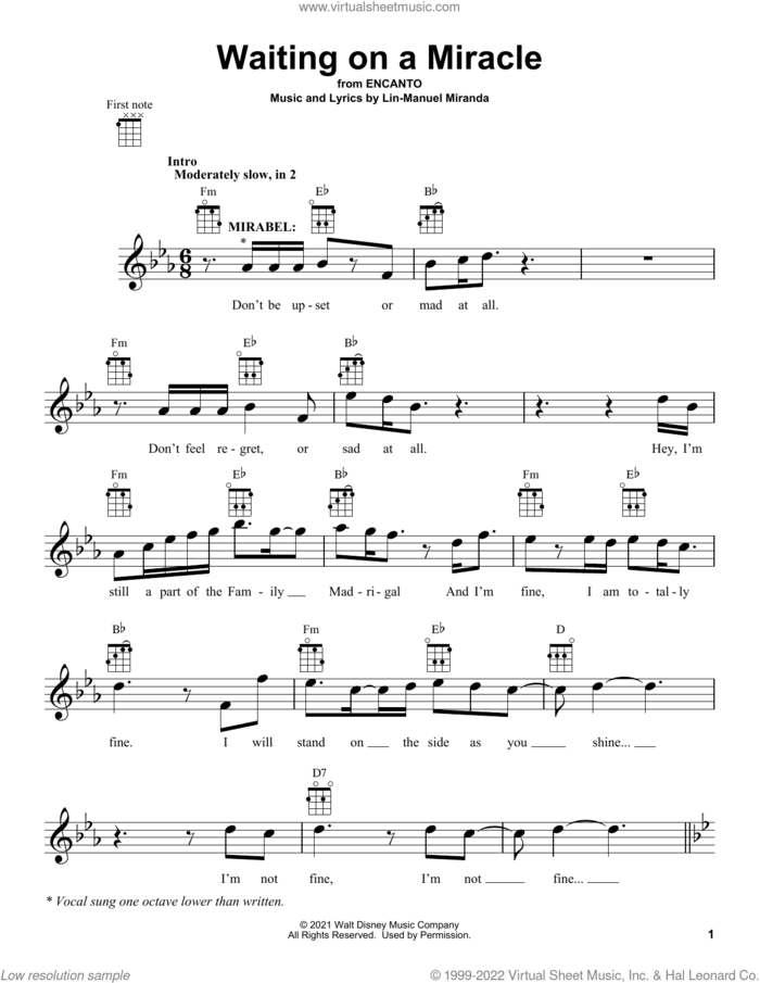 Waiting On A Miracle (from Encanto) sheet music for ukulele by Lin-Manuel Miranda and Stephanie Beatriz, intermediate skill level