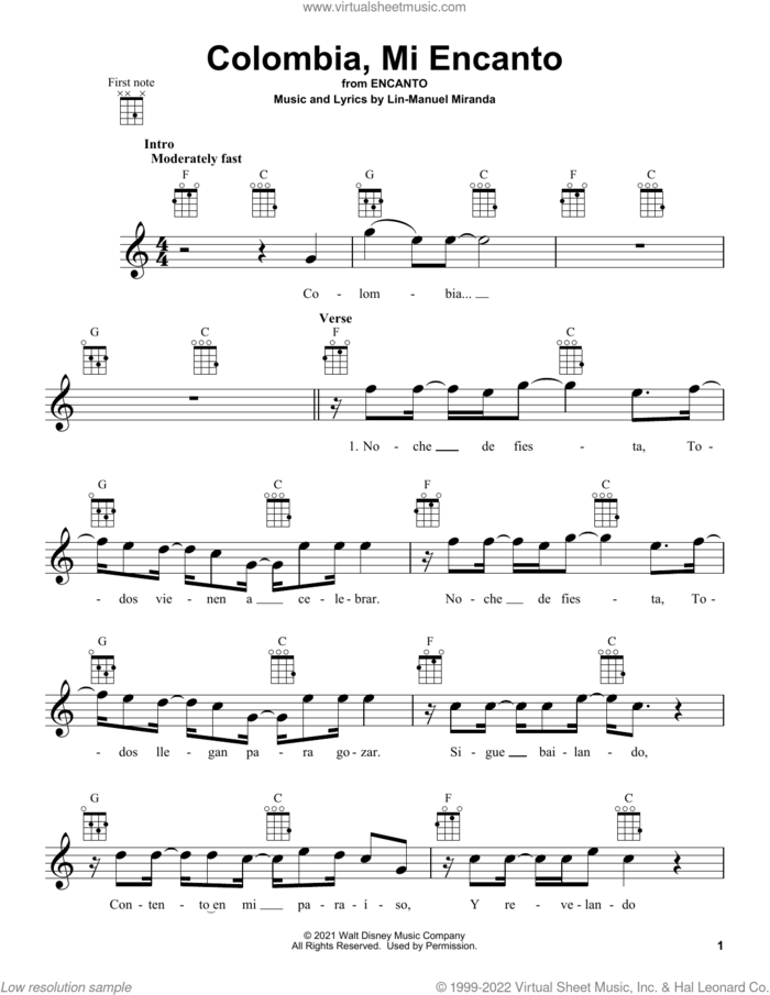 Colombia, Mi Encanto (from Encanto) sheet music for ukulele by Lin-Manuel Miranda and Carlos Vives, intermediate skill level