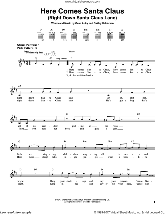 Here Comes Santa Claus (Right Down Santa Claus Lane) sheet music for guitar solo (chords) by Gene Autry and Oakley Haldeman, easy guitar (chords)