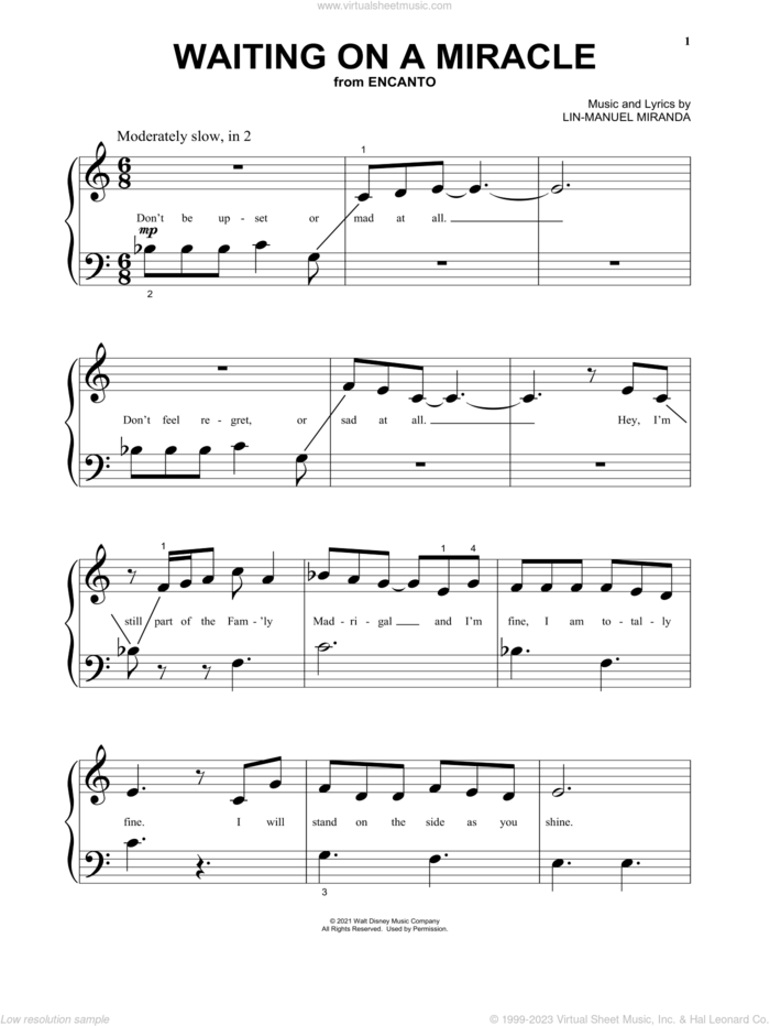 Waiting On A Miracle (from Encanto), (beginner) sheet music for piano solo by Lin-Manuel Miranda and Stephanie Beatriz, beginner skill level