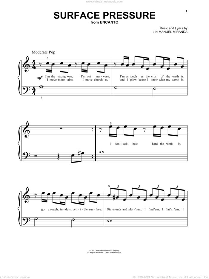 Surface Pressure (from Encanto) sheet music for piano solo by Lin-Manuel Miranda and Jessica Darrow, beginner skill level