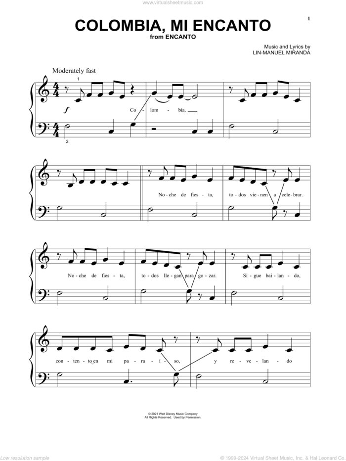 Colombia, Mi Encanto (from Encanto), (beginner) sheet music for piano solo by Lin-Manuel Miranda and Carlos Vives, beginner skill level