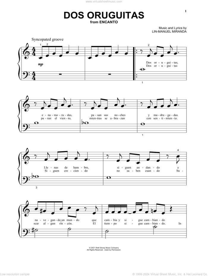 Dos Oruguitas (from Encanto) sheet music for piano solo by Lin-Manuel Miranda and Sebastian Yatra, beginner skill level