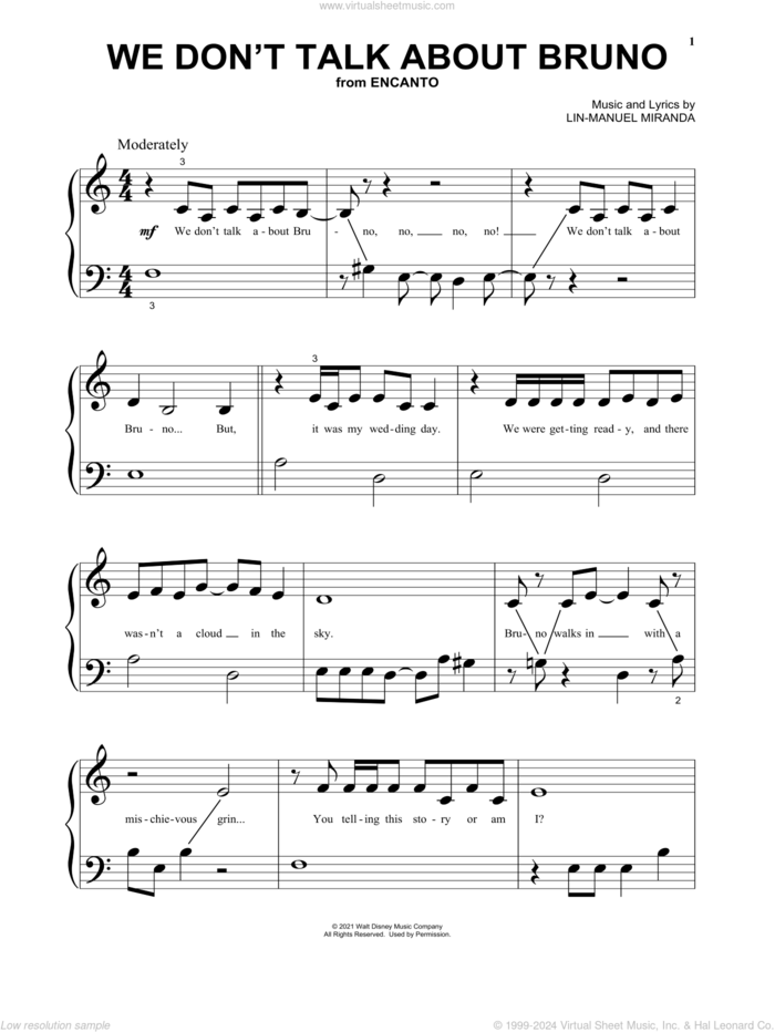 We Don't Talk About Bruno (from Encanto) sheet music for piano solo by Lin-Manuel Miranda and Carolina Gaitan, Mauro Castillo, Adassa, Rhenzy, beginner skill level