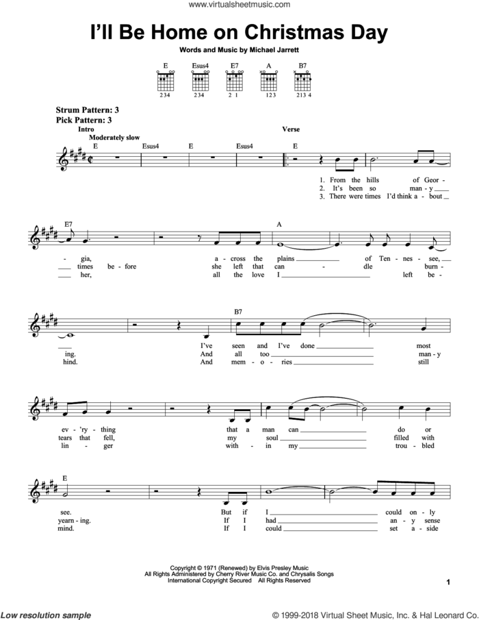 I'll Be Home On Christmas Day sheet music for guitar solo (chords) by Elvis Presley and Michael Jarrett, easy guitar (chords)
