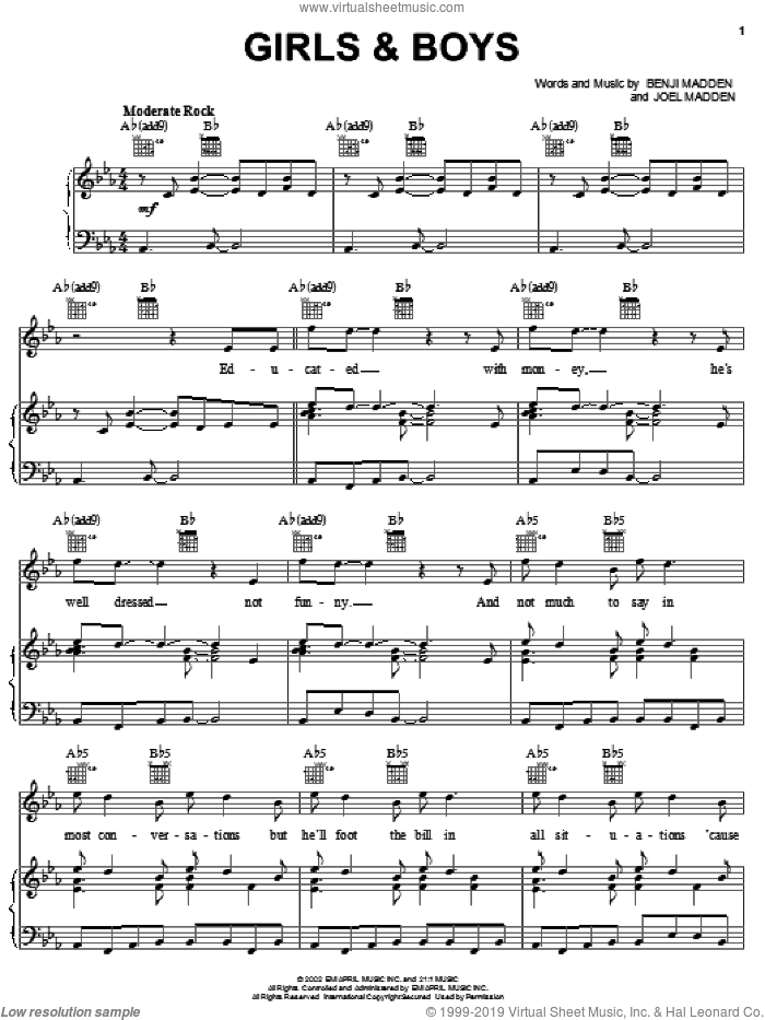 Girls and Boys sheet music for voice, piano or guitar by Good Charlotte, Benji Madden and Joel Madden, intermediate skill level