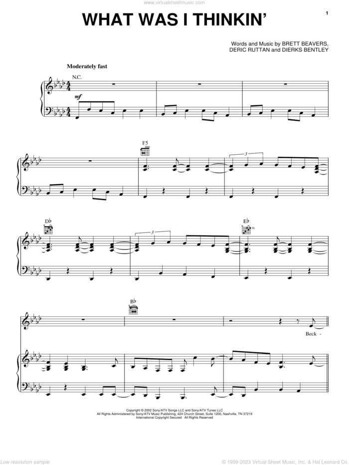 What Was I Thinkin' sheet music for voice, piano or guitar by Dierks Bentley, Brett Beavers and Deric Ruttan, intermediate skill level