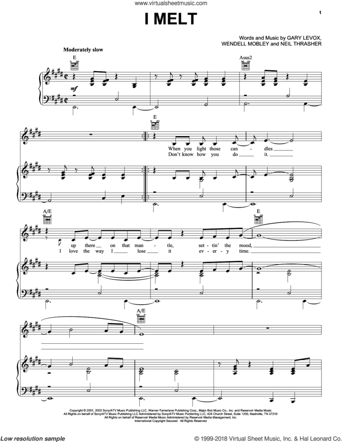 I Melt sheet music for voice, piano or guitar by Rascal Flatts, Gary Levox, Neil Thrasher and Wendell Mobley, intermediate skill level