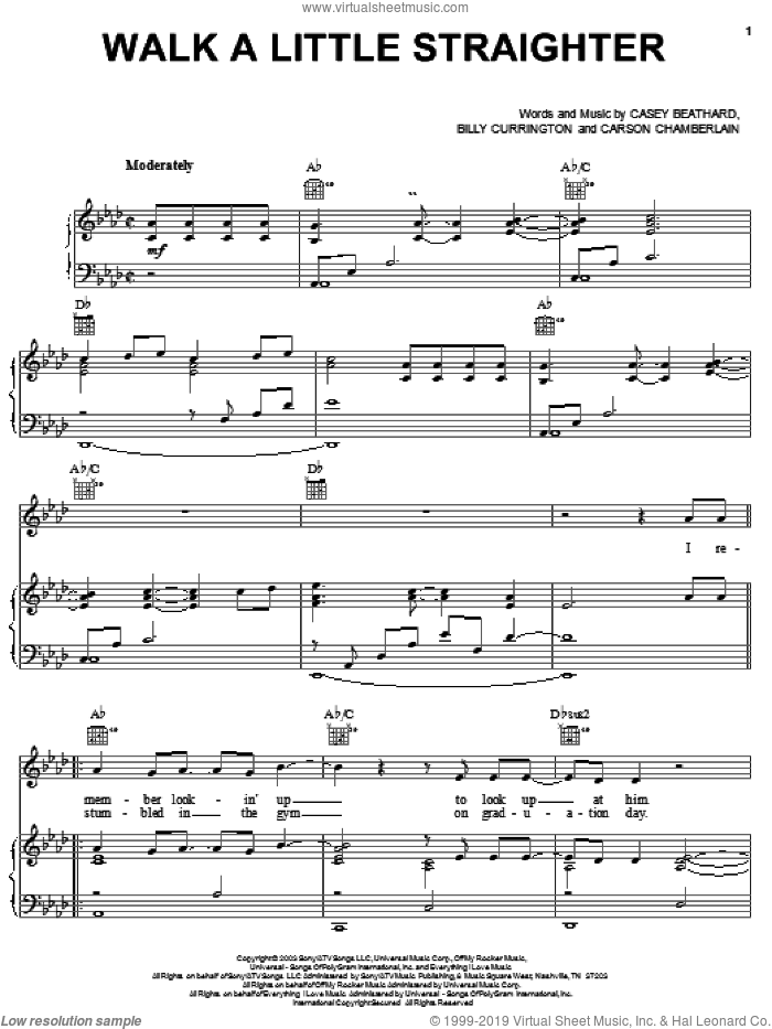 Walk A Little Straighter sheet music for voice, piano or guitar by Billy Currington, Carson Chamberlain and Casey Beathard, intermediate skill level