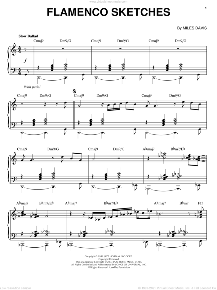 Flamenco Sketches sheet music for piano solo by Miles Davis, intermediate skill level