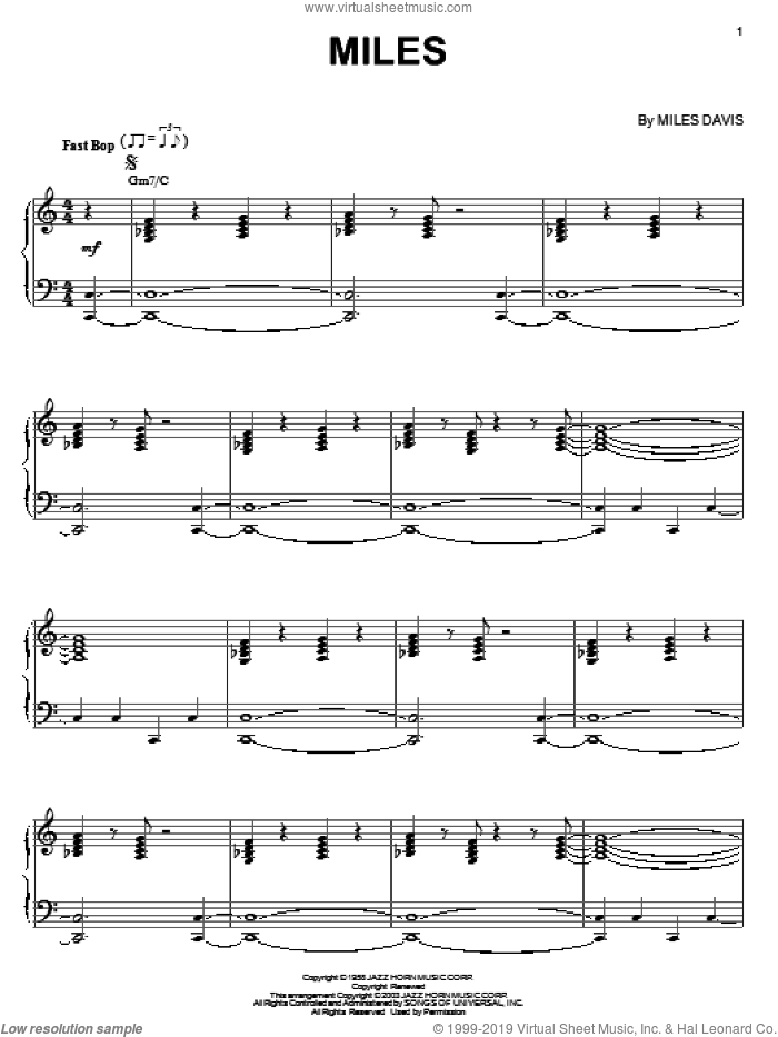 Miles sheet music for piano solo by Miles Davis, intermediate skill level