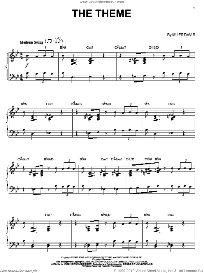 The Theme sheet music for piano solo by Miles Davis, intermediate skill level
