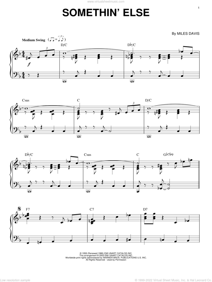 Somethin' Else sheet music for piano solo by Miles Davis, intermediate skill level