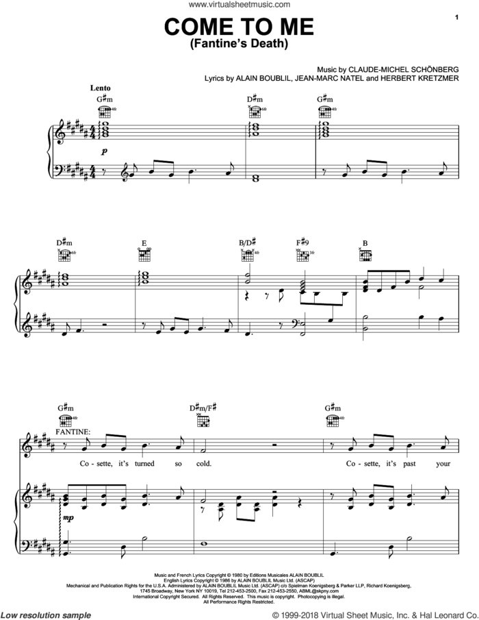 Come To Me (Fantine's Death) sheet music for voice, piano or guitar by Alain Boublil, Les Miserables (Musical), Herbert Kretzmer and Jean-Marc Natel, intermediate skill level