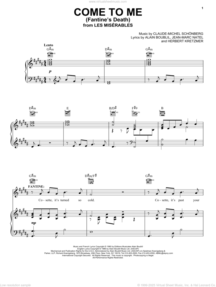 Come To Me (Fantine's Death) sheet music for voice, piano or guitar by Alain Boublil, Les Miserables (Musical), Herbert Kretzmer and Jean-Marc Natel, intermediate skill level