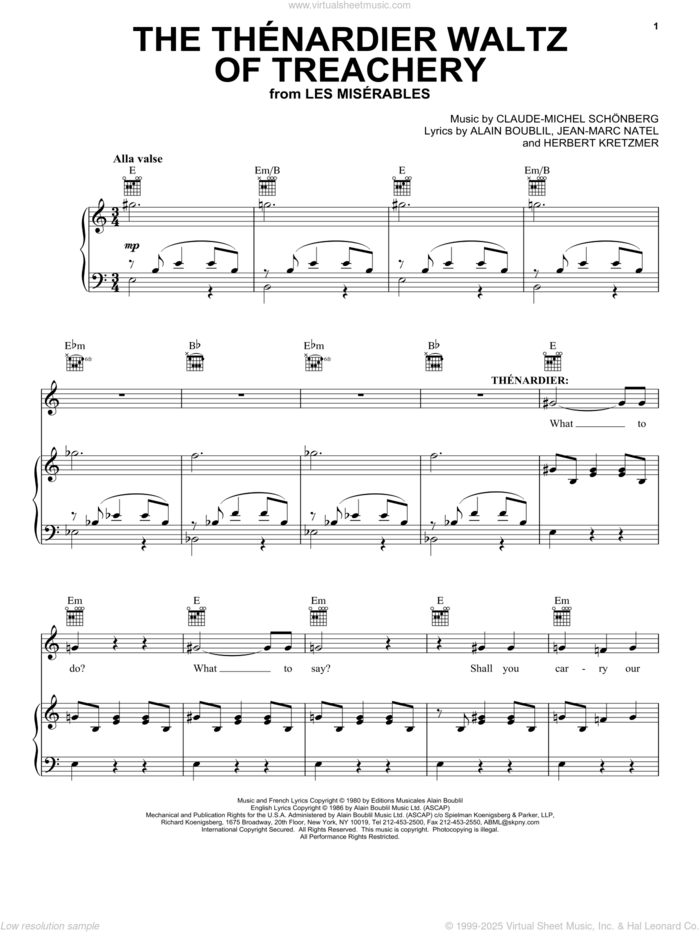 The Thenardier Waltz Of Treachery (from Les Miserables) sheet music for voice, piano or guitar by Alain Boublil, Les Miserables (Musical), Boublil and Schonberg, Claude-Michel Schonberg, Herbert Kretzmer and Jean-Marc Natel, intermediate skill level