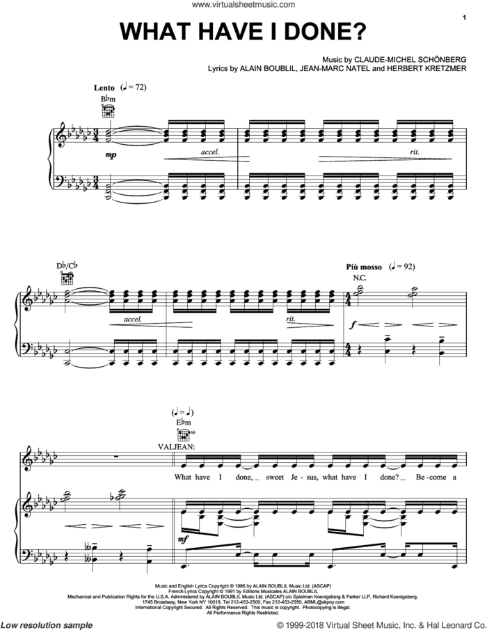 What Have I Done sheet music for voice, piano or guitar by Alain Boublil, Les Miserables (Musical), Herbert Kretzmer and Jean-Marc Natel, intermediate skill level