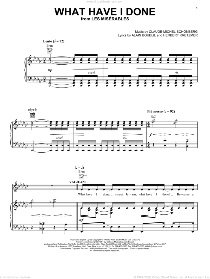 What Have I Done sheet music for voice, piano or guitar by Alain Boublil, Les Miserables (Musical), Herbert Kretzmer and Jean-Marc Natel, intermediate skill level