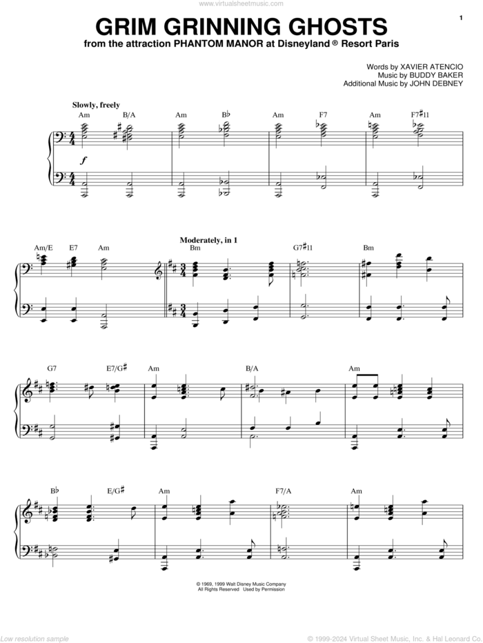 Grim Grinning Ghosts sheet music for piano solo by Xavier Atencio and Buddy Baker, intermediate skill level