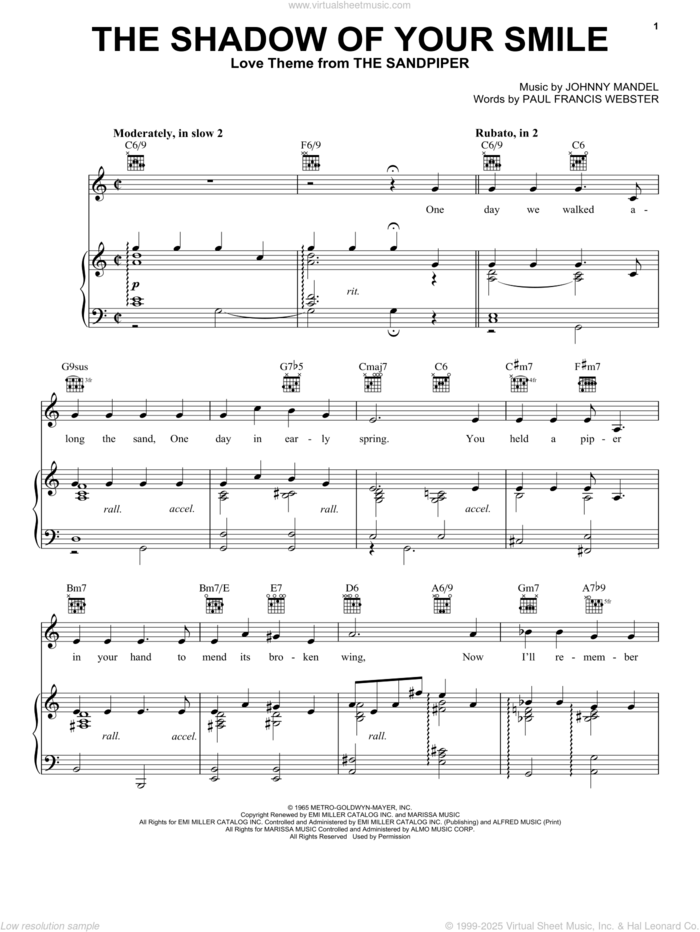 The Shadow Of Your Smile sheet music for voice, piano or guitar by Tony Bennett, Frank Sinatra, Johnny Mandel and Paul Francis Webster, intermediate skill level