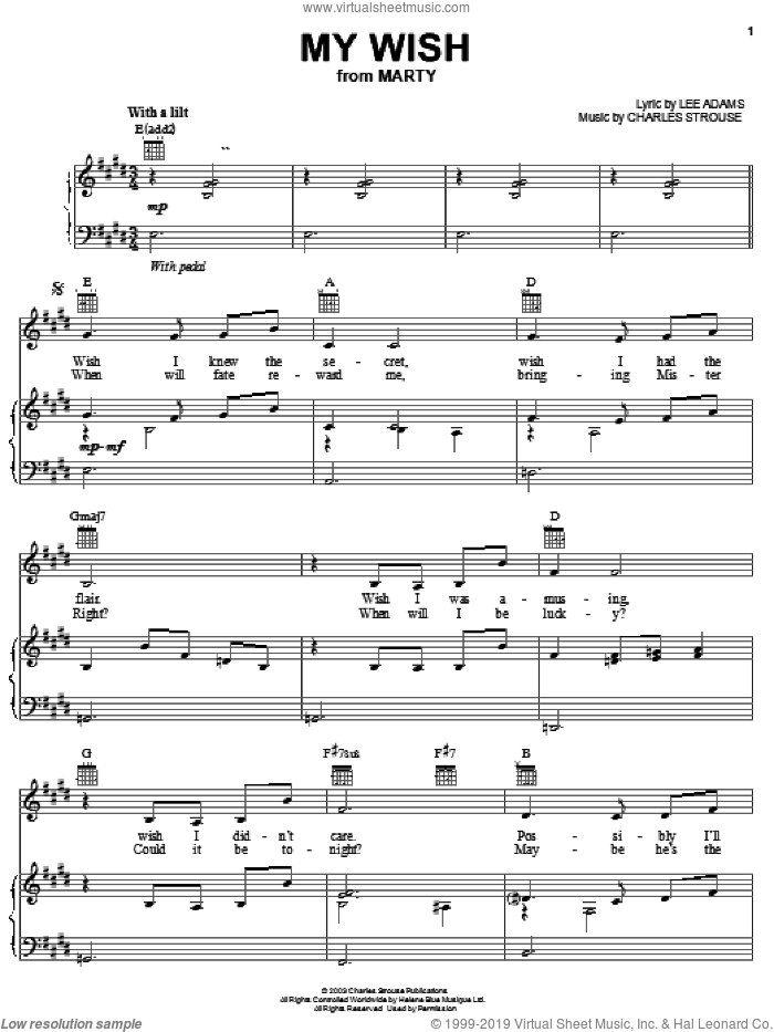 Wish sheet music for voice, piano or guitar by Lee Adams and Charles Strouse, intermediate skill level