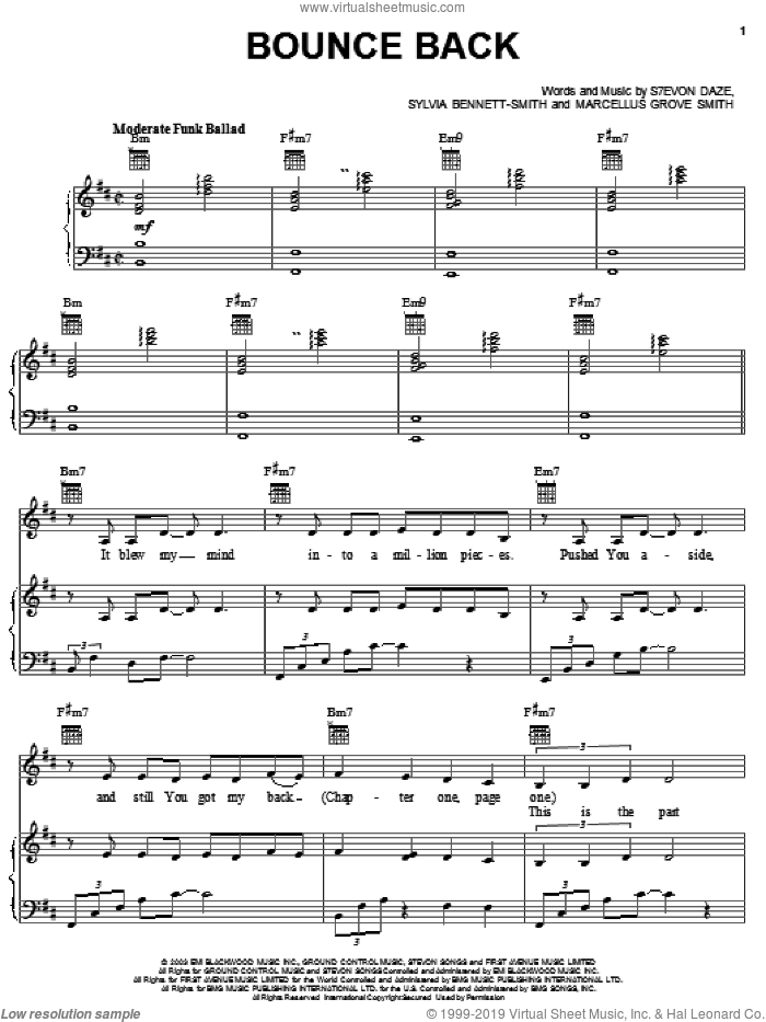 Bounce Back sheet music for voice, piano or guitar by Stacie Orrico, David Lindsey and Sylvia Bennett Smith, intermediate skill level
