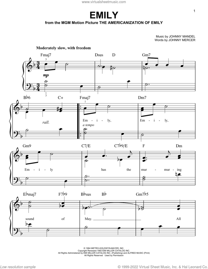 Emily, (beginner) sheet music for piano solo by Johnny Mandel and Johnny Mercer, beginner skill level