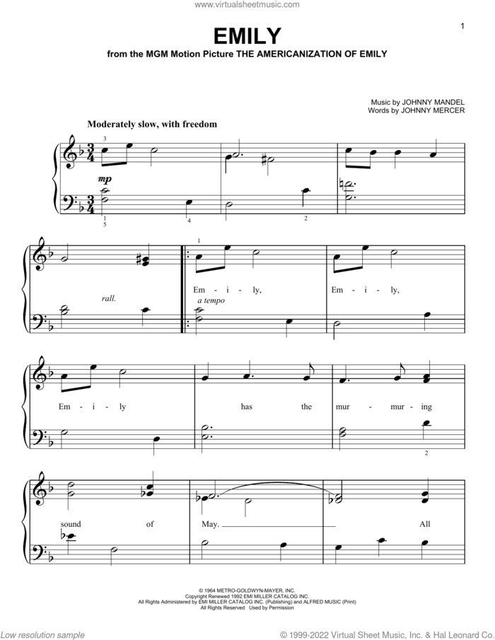 Emily sheet music for piano solo by Johnny Mandel and Johnny Mercer, beginner skill level