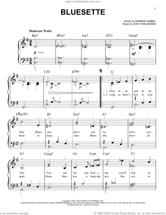 Bluesette sheet music for piano solo by Toots Thielmans, Sarah Vaughn, Jean Thielemans and Norman Gimbel, beginner skill level