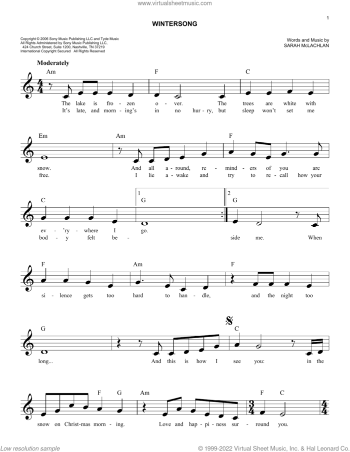 Wintersong sheet music for voice and other instruments (fake book) by Sarah McLachlan, easy skill level