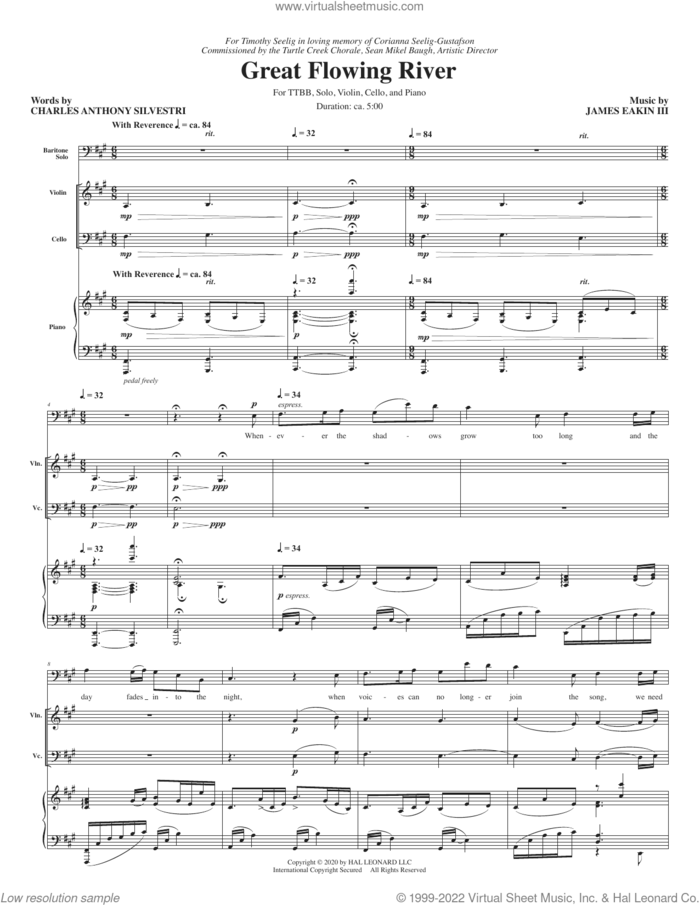 Great Flowing River (for TTBB) (COMPLETE) sheet music for orchestra/band by James Eakin III, Charles Anthony Silvestri and Charles Anthony Silvestri and James Eakin III, intermediate skill level