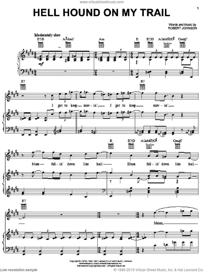 Hell Hound On My Trail sheet music for voice, piano or guitar by Robert Johnson, intermediate skill level