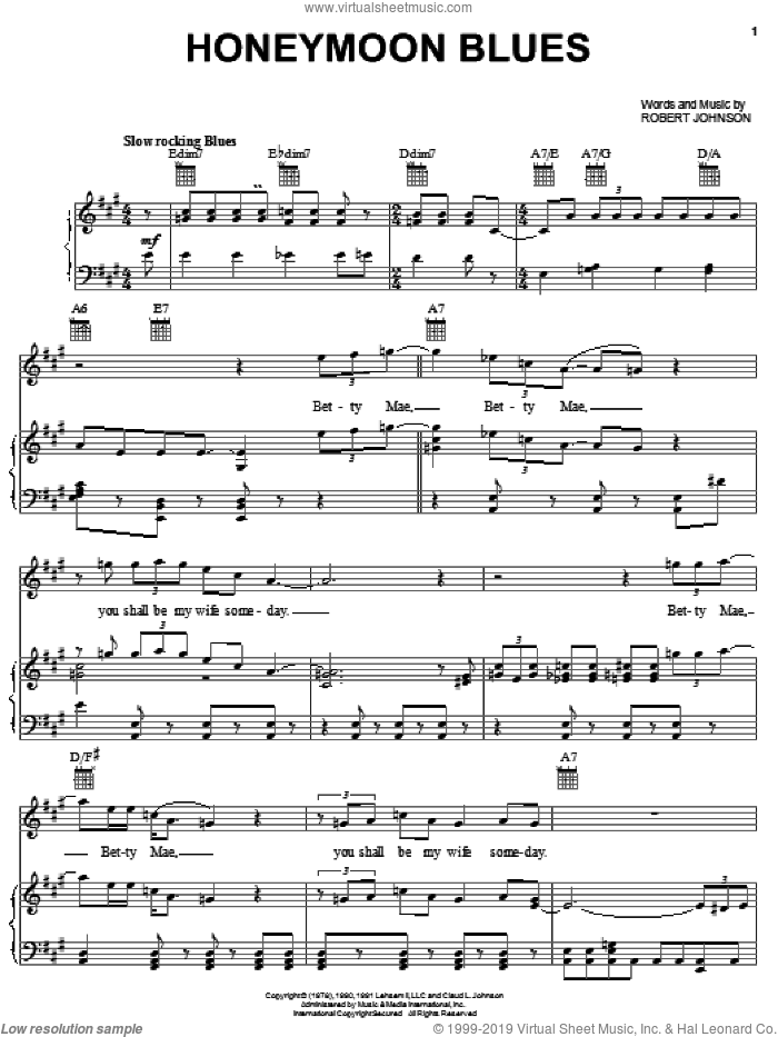 Honeymoon Blues sheet music for voice, piano or guitar by Robert Johnson, intermediate skill level