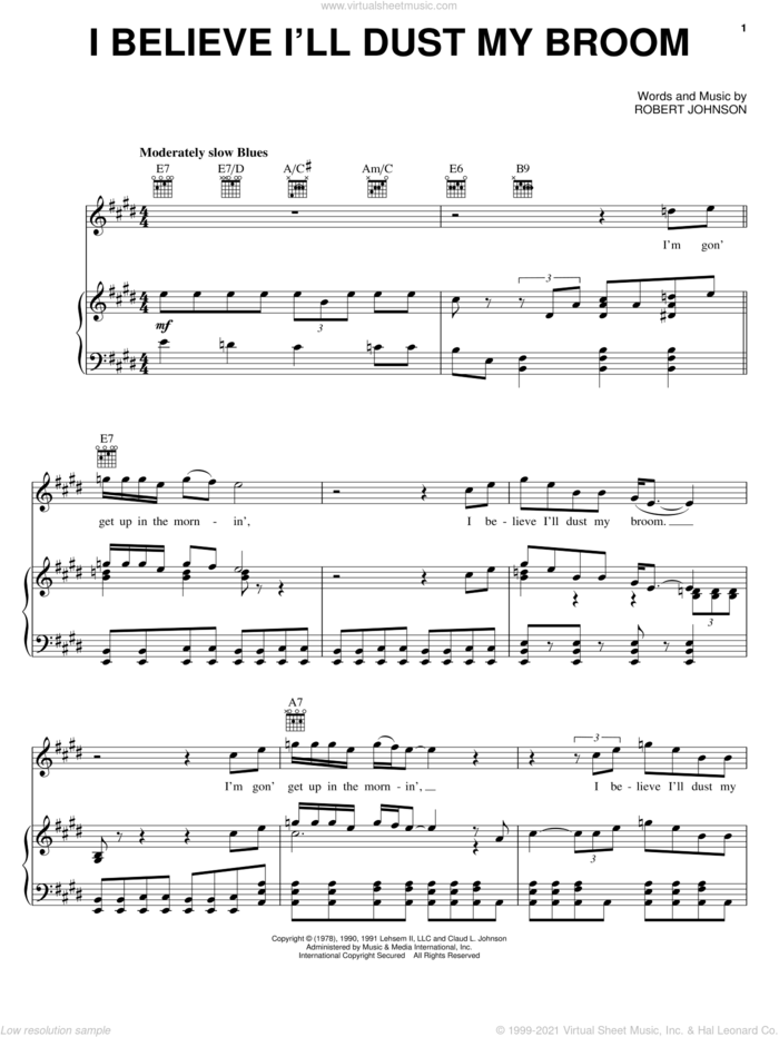 I Believe I'll Dust My Broom sheet music for voice, piano or guitar by Robert Johnson, intermediate skill level