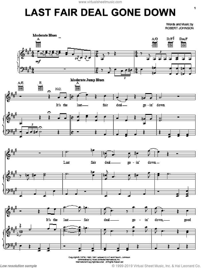Last Fair Deal Gone Down sheet music for voice, piano or guitar by Robert Johnson, intermediate skill level
