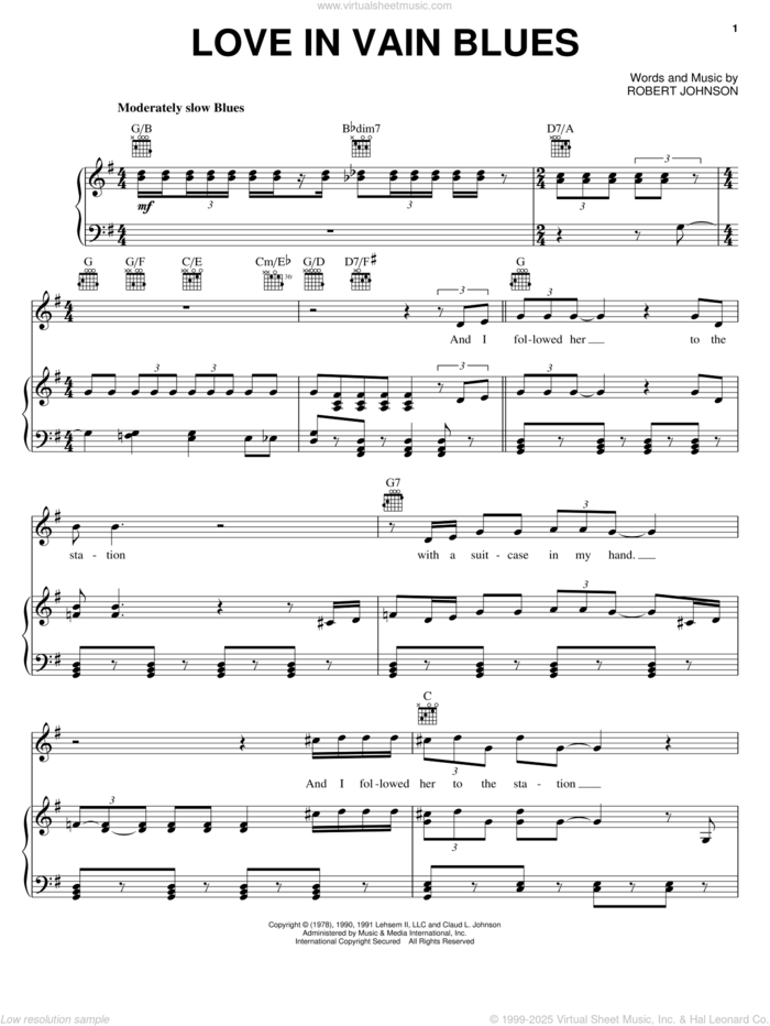 Love In Vain Blues sheet music for voice, piano or guitar by Robert Johnson, intermediate skill level