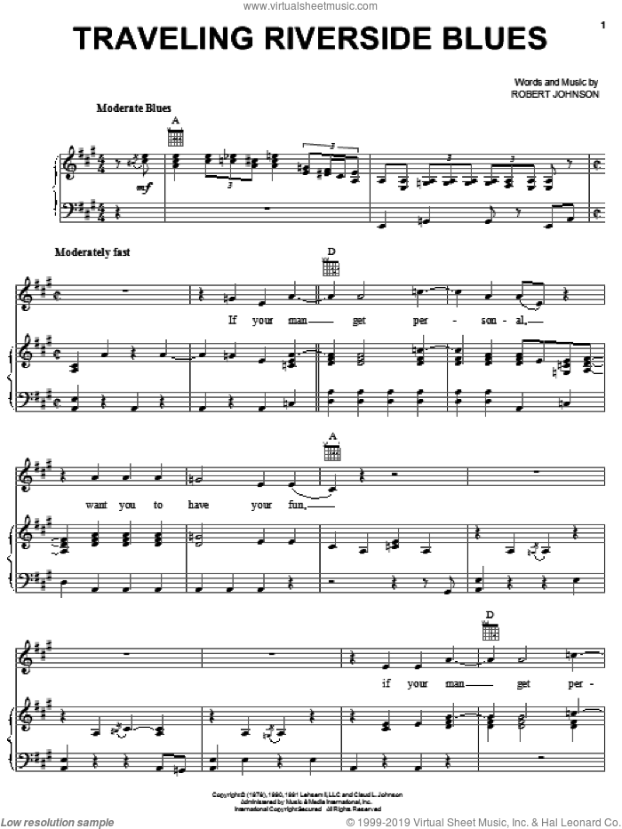 Traveling Riverside Blues sheet music for voice, piano or guitar by Robert Johnson, intermediate skill level