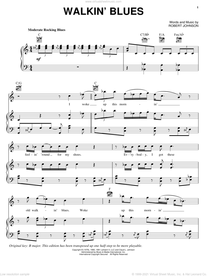 Walkin' Blues sheet music for voice, piano or guitar by Robert Johnson, intermediate skill level