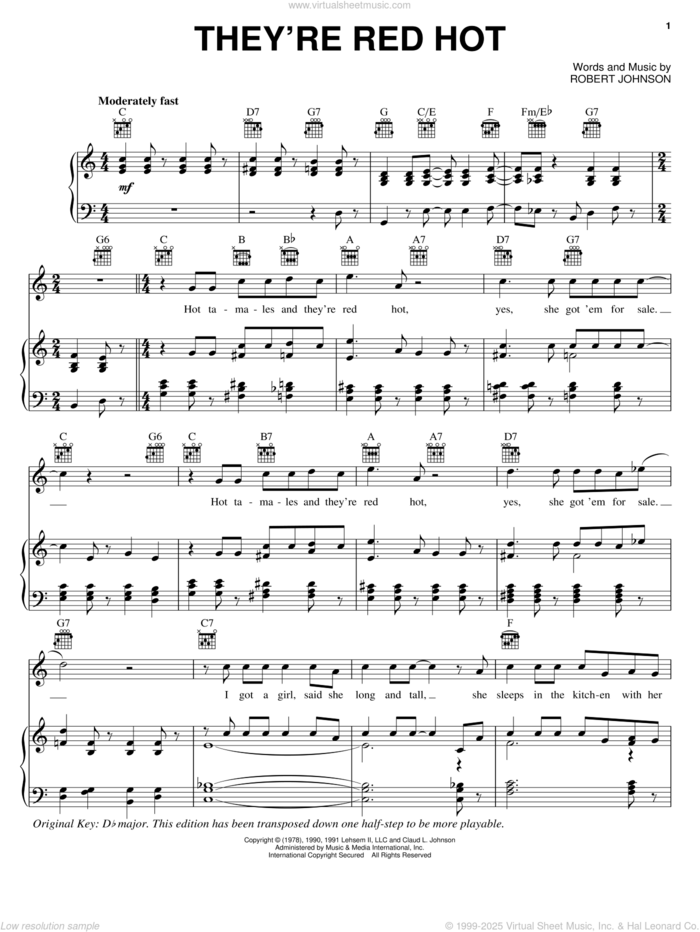 They're Red Hot sheet music for voice, piano or guitar by Robert Johnson and Red Hot Chili Peppers, intermediate skill level