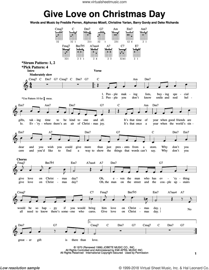 Give Love On Christmas Day sheet music for guitar solo (chords) by Johnny Gill, The Jackson 5, The Temptations, Alphonso J. Mizell, Christine Yarian Perren and Frederick Perren, easy guitar (chords)