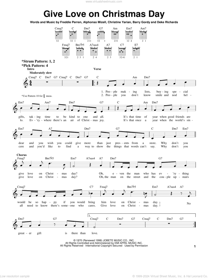 Give Love On Christmas Day sheet music for guitar solo (chords) by Johnny Gill, The Jackson 5, The Temptations, Alphonso J. Mizell, Christine Yarian Perren and Frederick Perren, easy guitar (chords)