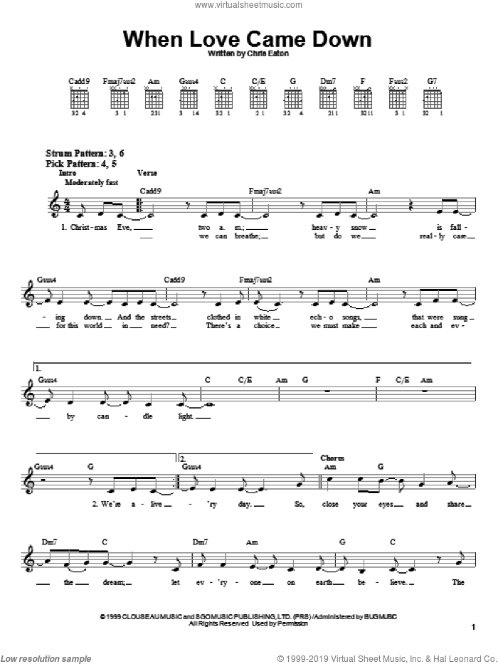 When Love Came Down sheet music for guitar solo (chords) by Point Of Grace and Chris Eaton, easy guitar (chords)