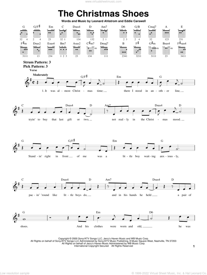 The Christmas Shoes sheet music for guitar solo (chords) by Newsong, 3 Of Hearts, Eddie Carswell and Leonard Ahlstrom, easy guitar (chords)