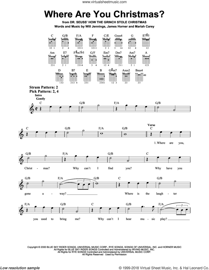 Where Are You Christmas? (from How The Grinch Stole Christmas) sheet music for guitar solo (chords) by Faith Hill, James Horner, Mariah Carey and Will Jennings, easy guitar (chords)